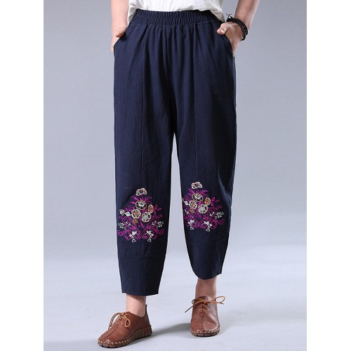 Vintage Women Embroidery High Elastic Waist Pants