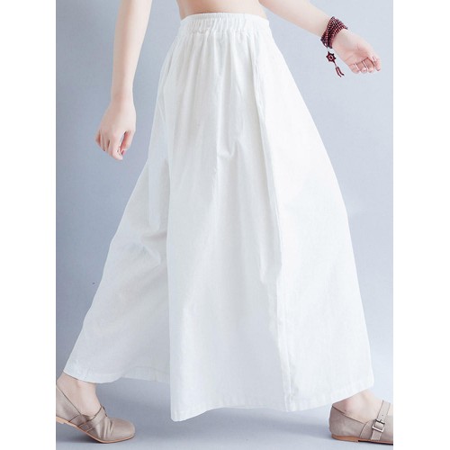 Wide Leg Vintage Women Retro Cotton Linen Elastic Waist White Pants