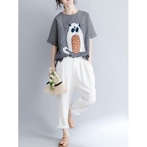 Women Cotton Linen Plaid Cartoon Cat Embroidered Short Sleeve T-Shirts