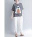 Women Cotton Linen Plaid Cartoon Cat Embroidered Short Sleeve T-Shirts