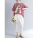 Women Cotton Linen Plaid Cartoon Cat Embroidered Short Sleeve T-Shirts