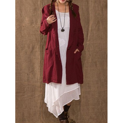 Vintage Long Sleeve Linen Cotton Hooded Mid-long Coats