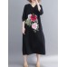 Floral Embroidery A-line V-neck Long Sleeve Maxi Dress