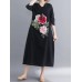 Floral Embroidery A-line V-neck Long Sleeve Maxi Dress