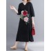 Floral Embroidery A-line V-neck Long Sleeve Maxi Dress