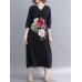 Floral Embroidery A-line V-neck Long Sleeve Maxi Dress