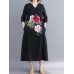 Floral Embroidery A-line V-neck Long Sleeve Maxi Dress