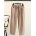 Casual Women Cotton Linen Elastic Waist Striped Trousers Pants