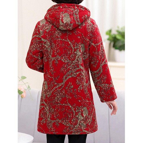 Autumn Winter Fleece Thicken Print Hooded Long Sleeve Coats