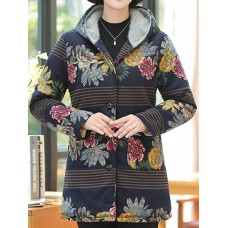 Vintage Women Floral Print Patchwork Button Long Sleeve Hooded Coats