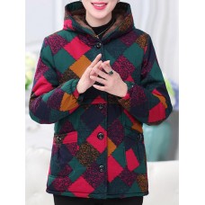 Vinatge Women Thick Warm Print Hooded Pockets Coats