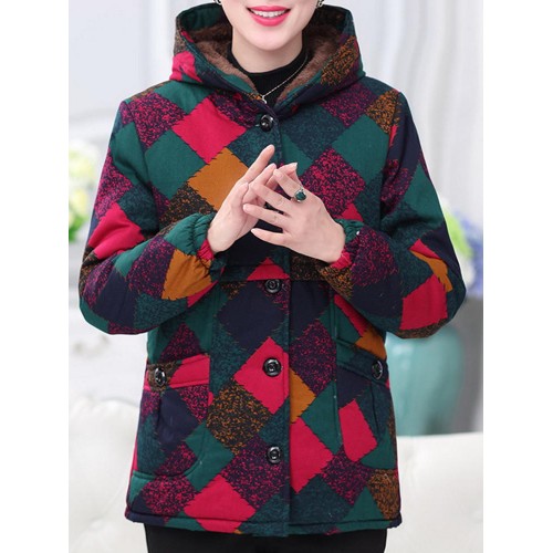 Vinatge Women Thick Warm Print Hooded Pockets Coats