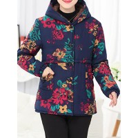 Vintage Women Printed Long Sleeve Fleece Hooded Coats