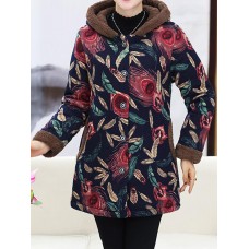 Women Retro Floral Print Buttons Long Sleeve Hooded Coats