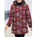 Women Retro Floral Print Buttons Long Sleeve Hooded Coats