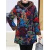 Women Retro Floral Print Buttons Long Sleeve Hooded Coats