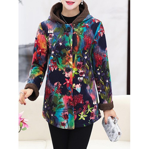 Women Floral Print Buttons Long Sleeve Zipper Winter Coats