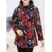 Women Floral Print Buttons Long Sleeve Zipper Winter Coats