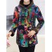 Women Floral Print Buttons Long Sleeve Zipper Winter Coats