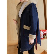 Women Casual Long Sleeve Pockets Fleece Thicken Denim Coats