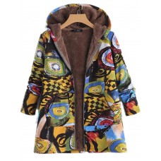 Vintage Women Fleece Art Print Long Sleeve Zipper Coats with Pockets