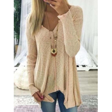 S-5XL Casual Women Solid Color Deep V-Neck Irregular Hem Blouse