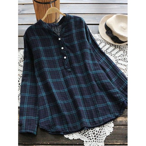 Casual Women Cotton Plaid V-Neck Button Long Sleeve Blouse