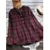 Casual Women Cotton Plaid V-Neck Button Long Sleeve Blouse