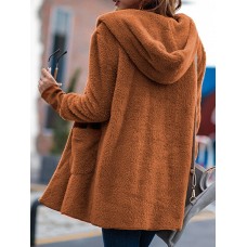 Pure Color Fleece Hooded Pockets Long Sleeve Women Coats