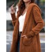 Pure Color Fleece Hooded Pockets Long Sleeve Women Coats