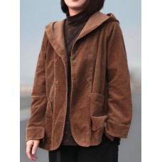 Women Retro Pure Color Hooded Long Sleeve Corduroy Short Coats With Pockets