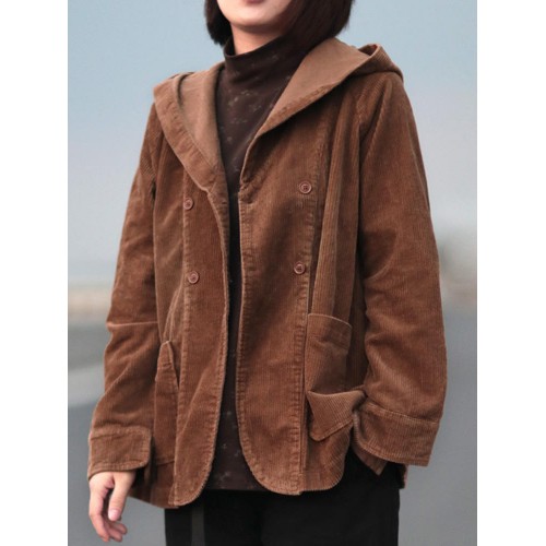 Women Retro Pure Color Hooded Long Sleeve Corduroy Short Coats With Pockets