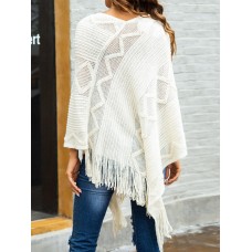 Women Pure Color Geometric Loose Knit Shawl Tassel Sweater Coats