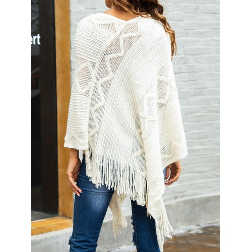 Women Pure Color Geometric Loose Knit Shawl Tassel Sweater Coats