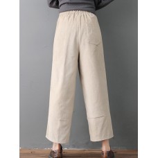 Women Pure Color Elastic Waist Pockets Corduroy Pants