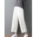 Women Pure Color Elastic Waist Pockets Corduroy Pants