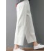 Women Pure Color Elastic Waist Pockets Corduroy Pants