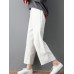 Women Pure Color Elastic Waist Pockets Corduroy Pants