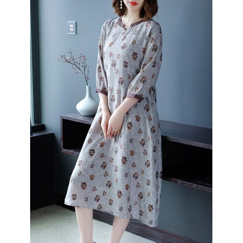 Women Elegant Floral Print Crew Neck Three Quarter Sleeve Dress