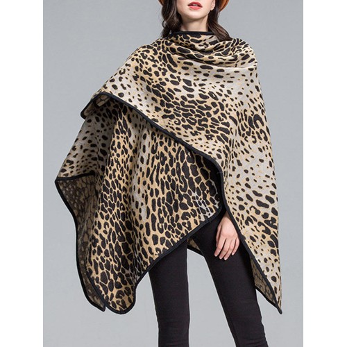 Elegant Leopard Printed Patchwork Shawl Loose Cloak Cardigans for Women