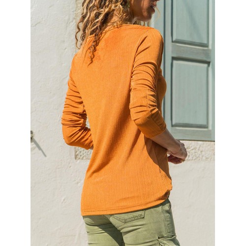 Pure Color Patchwork V-neck Long Sleeve T-shirts