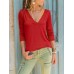 Pure Color Patchwork V-neck Long Sleeve T-shirts