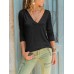 Pure Color Patchwork V-neck Long Sleeve T-shirts