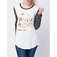 Causal Women Christmas Tree Letter Printed Long Sleeve Striped T-Shirts