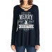 Casual Women Christmas Letter Print Front Cross Crew Neck Long Sleeve T-Shirts