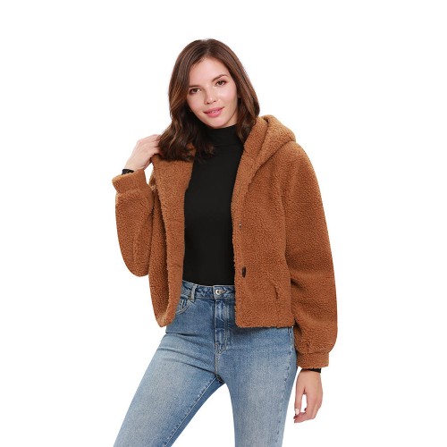 Women Fleece Solid Color Button Long Sleeve Hooded Coats