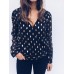 Casual Women Loose Polka Dot Print V-Neck Chiffon Long Sleeve Blouse