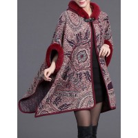 Women Cloak Shawl Hooded Print Batwing Sleeve Cardigan Coats with Pockets