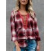 Women Cotton V-Neck Button Long Sleeve Blouse with Pockets