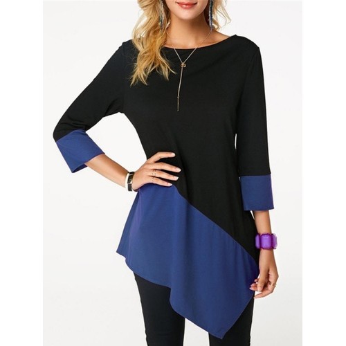 Casual Women Patchwork Crew Neck 3/4 Sleeve Irregular Hem Blouse